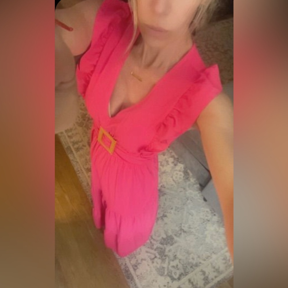 Bright Pink V-Neck Belted Dress